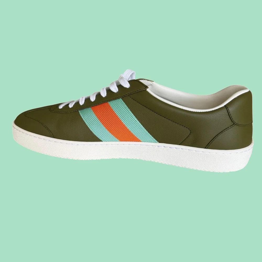 Gucci G74 Leather Sneakers Olive Green Blue Orange Web Stripe 858981 Mens 9G